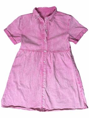 Pink Mineral Wash Denim Button-Front Shirt Dress
